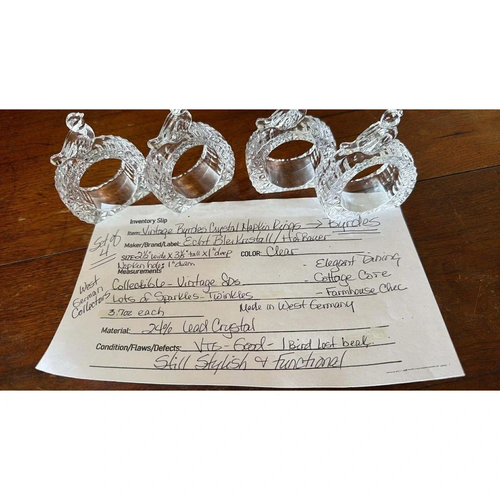 Hofbauer Byrdes Napkin Rings Set of 4 Vintage Crystal Bird West Germany